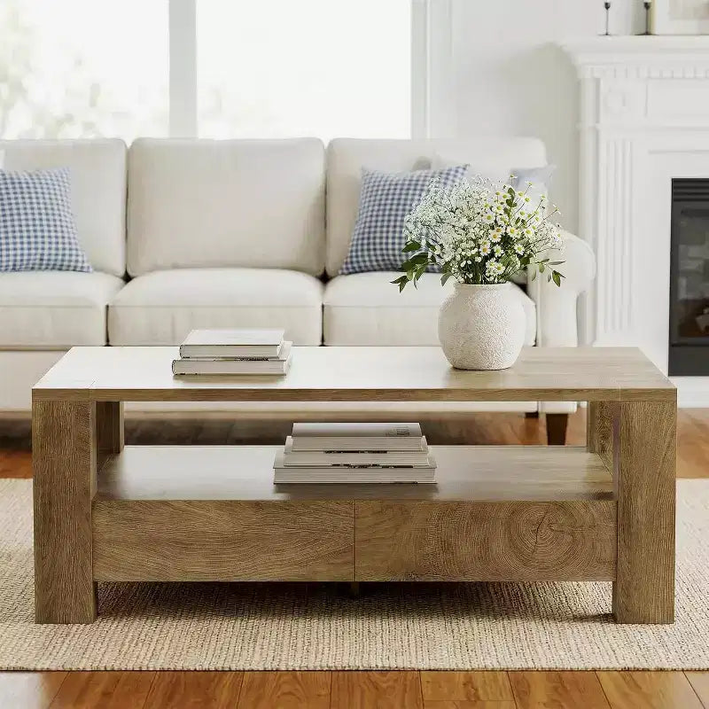 Lantine Table basse de ferme avec rangement, grande table basse rectangulaire de 119 cm avec 2 tiroirs, table de centre de salon en bois