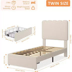 Cadre de lit double avec tiroir de rangement sous le lit, plateforme rembourrée, tête de lit ondulée, support à lattes en bois, pas besoin de sommier, beige