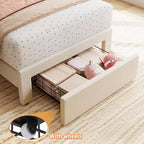 Cadre de lit double avec tiroir de rangement sous le lit, plateforme rembourrée, tête de lit ondulée, support à lattes en bois, pas besoin de sommier, beige
