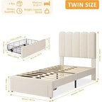 Cadre de lit double avec tiroir de rangement sous le lit, plateforme rembourrée, tête de lit ondulée, support à lattes en bois, pas besoin de sommier, beige