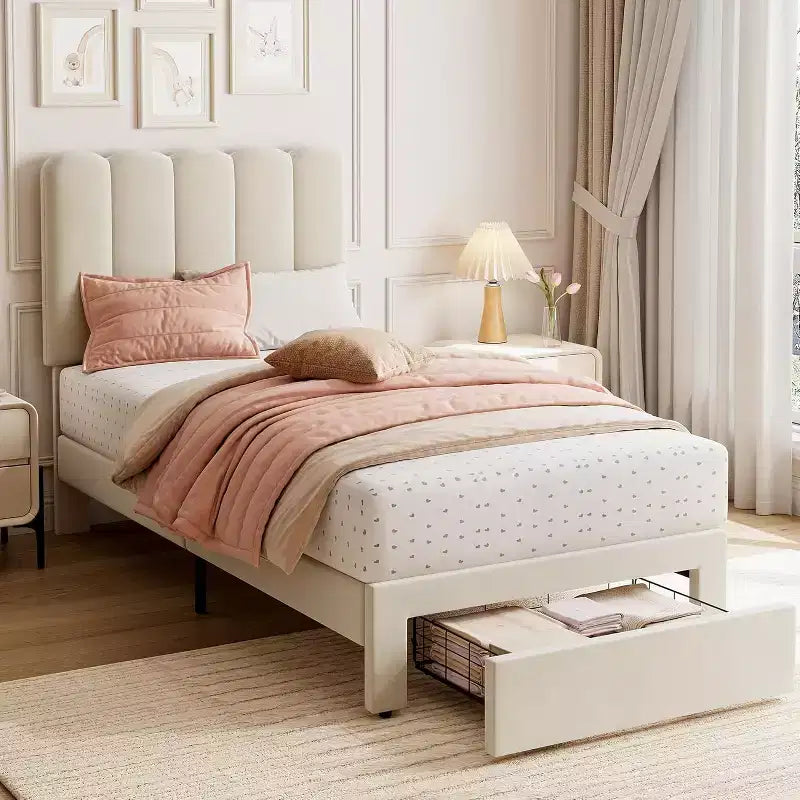 Cadre de lit double avec tiroir de rangement sous le lit, plateforme rembourrée, tête de lit ondulée, support à lattes en bois, pas besoin de sommier, beige
