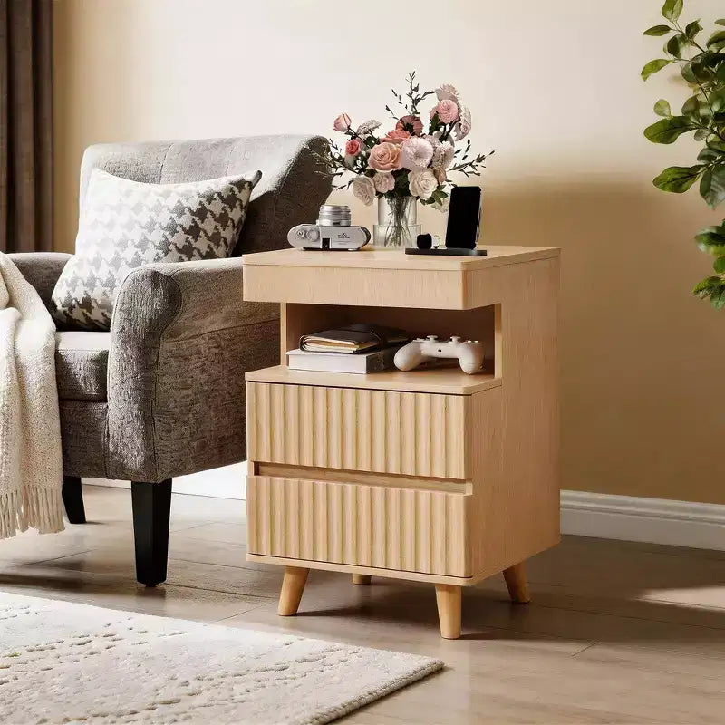 Modern USB Charging 2 Drawer with Secure Storage Nightstand for Bedroom Living Room