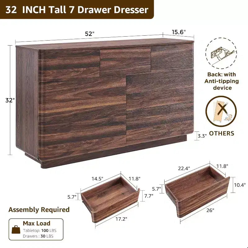 Commode à 7 tiroirs, commode en bois de 52" de large, design moderne sans poignée, grande commode de chambre à coucher avec meuble TV et organisateur de rangement
