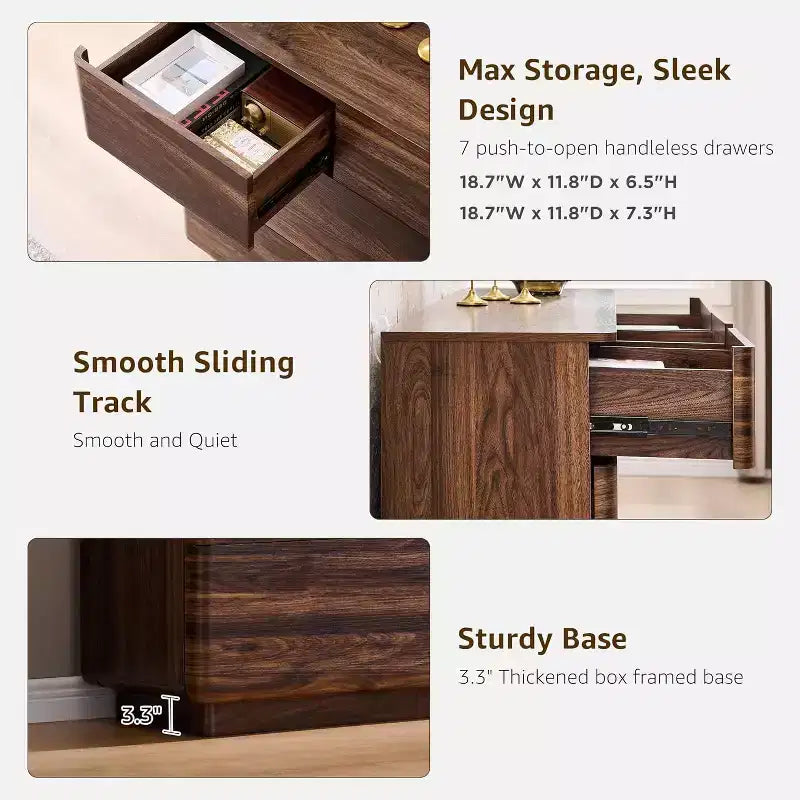 Commode à 7 tiroirs, commode en bois de 52" de large, design moderne sans poignée, grande commode de chambre à coucher avec meuble TV et organisateur de rangement