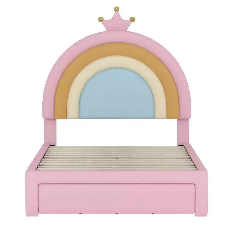 Lit plateforme de princesse Bellemave tapissé avec tiroirs de rangement, tête de lit lapin et lumières LED, rose, lit de fille double/grand.