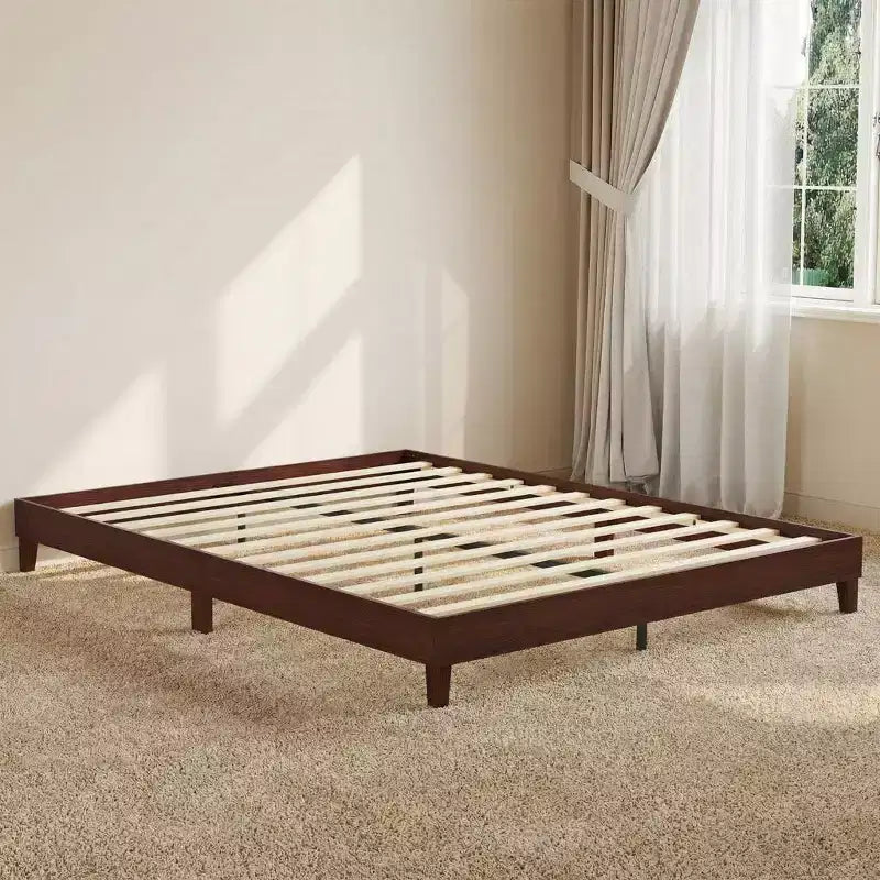 Queen Size Bed Frame,9 Inch Natural Sturdy Wood Platform Bed Without Headboard,Wooden Bed Frame with Strong Wood Slats Support