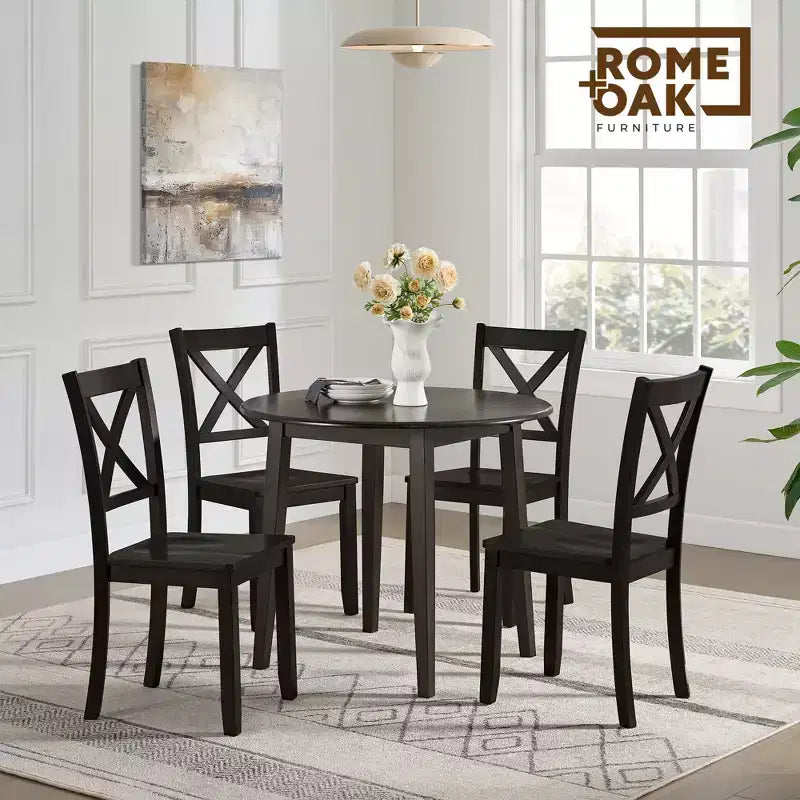 ROME + OAK Table à abattants avec 2 Chaises à dossier en X, Ensemble de salle à manger en bois, Marron