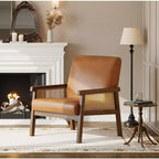 Fauteuil d'appoint moderne bohème en tissu de laine d'agneau avec accoudoirs en rotin, robuste et confortable, fauteuil de salon rembourré à dossier haut pour le salon