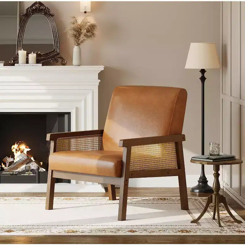 Fauteuil d'appoint moderne bohème en tissu de laine d'agneau avec accoudoirs en rotin, robuste et confortable, fauteuil de salon rembourré à dossier haut pour le salon