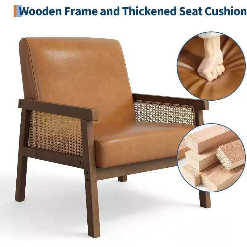 Fauteuil d'appoint moderne bohème en tissu de laine d'agneau avec accoudoirs en rotin, robuste et confortable, fauteuil de salon rembourré à dossier haut pour le salon