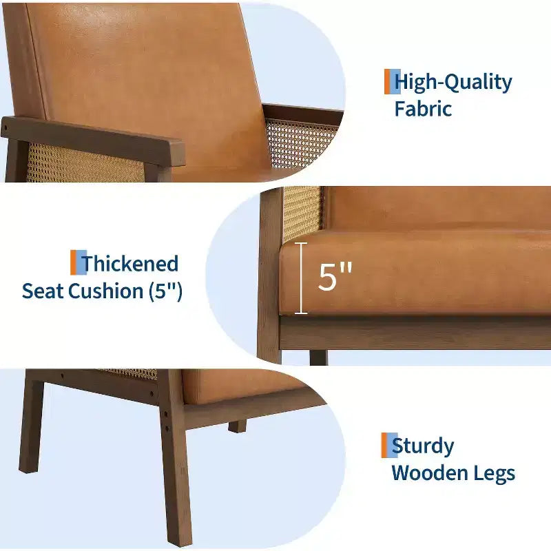 Fauteuil d'appoint moderne bohème en tissu de laine d'agneau avec accoudoirs en rotin, robuste et confortable, fauteuil de salon rembourré à dossier haut pour le salon