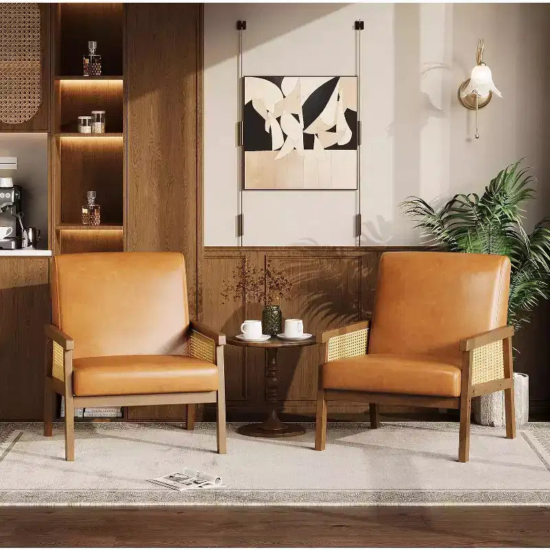 Fauteuil d'appoint moderne bohème en tissu de laine d'agneau avec accoudoirs en rotin, robuste et confortable, fauteuil de salon rembourré à dossier haut pour le salon