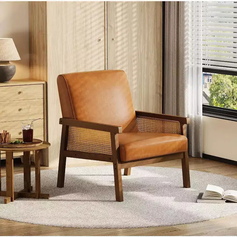 Fauteuil d'appoint moderne bohème en tissu de laine d'agneau avec accoudoirs en rotin, robuste et confortable, fauteuil de salon rembourré à dossier haut pour le salon