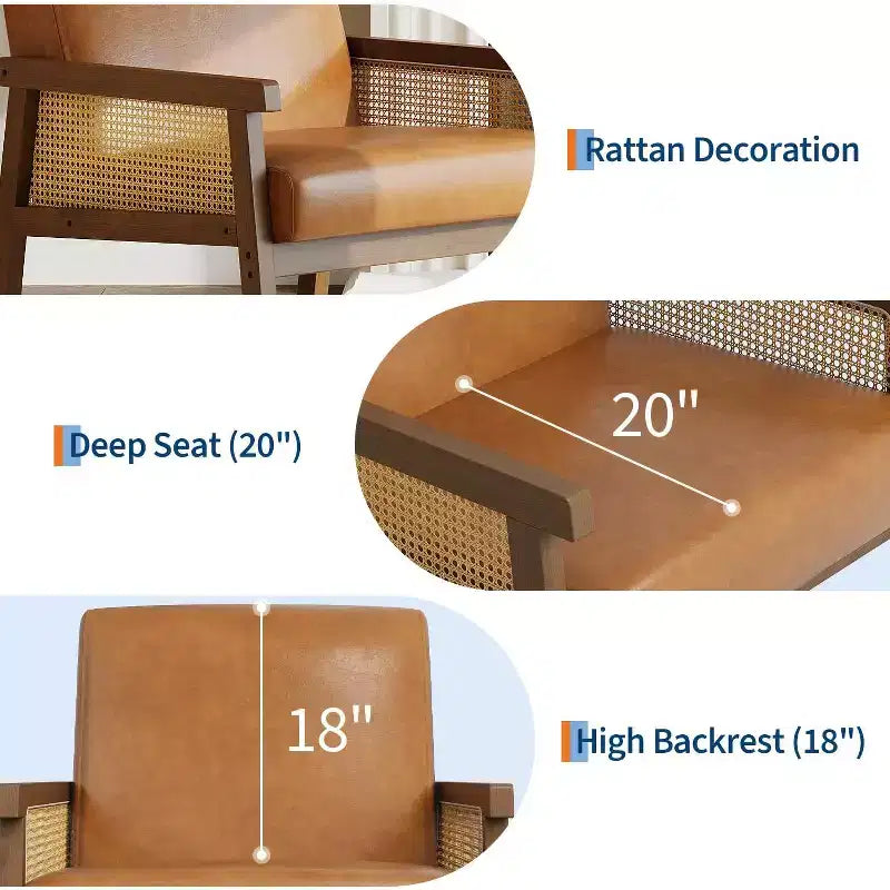 Fauteuil d'appoint moderne bohème en tissu de laine d'agneau avec accoudoirs en rotin, robuste et confortable, fauteuil de salon rembourré à dossier haut pour le salon