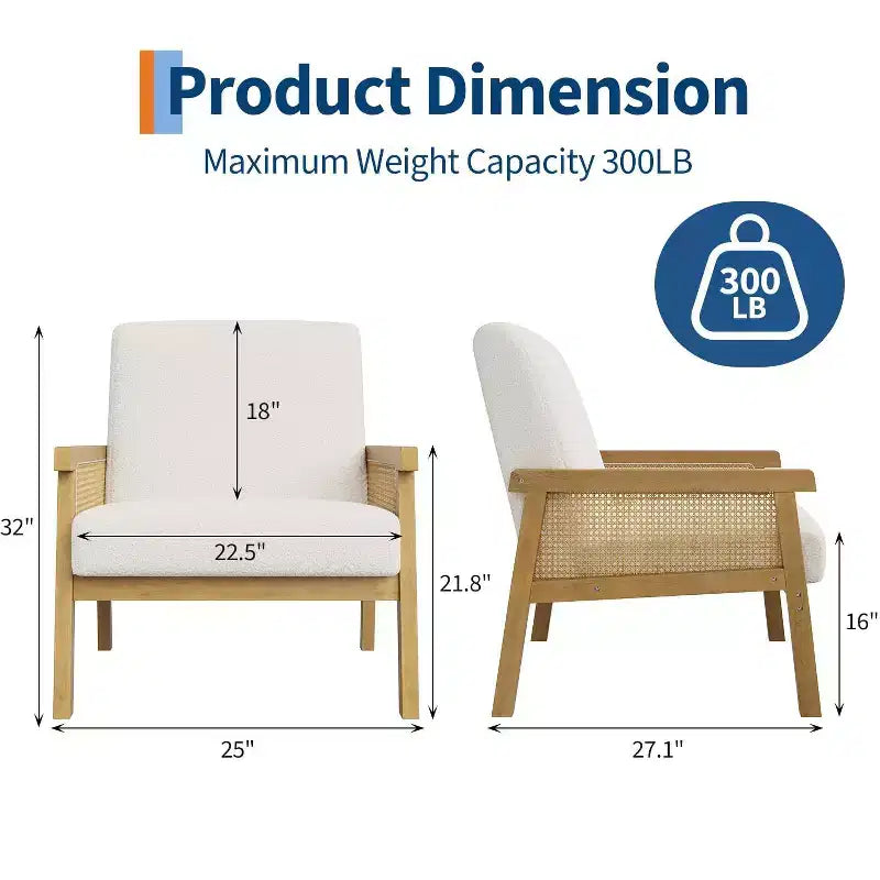 Fauteuil d'appoint moderne bohème en tissu de laine d'agneau avec accoudoirs en rotin, robuste et confortable, fauteuil de salon rembourré à dossier haut pour le salon