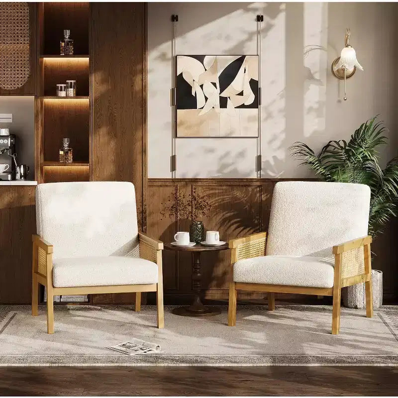 Fauteuil d'appoint moderne bohème en tissu de laine d'agneau avec accoudoirs en rotin, robuste et confortable, fauteuil de salon rembourré à dossier haut pour le salon