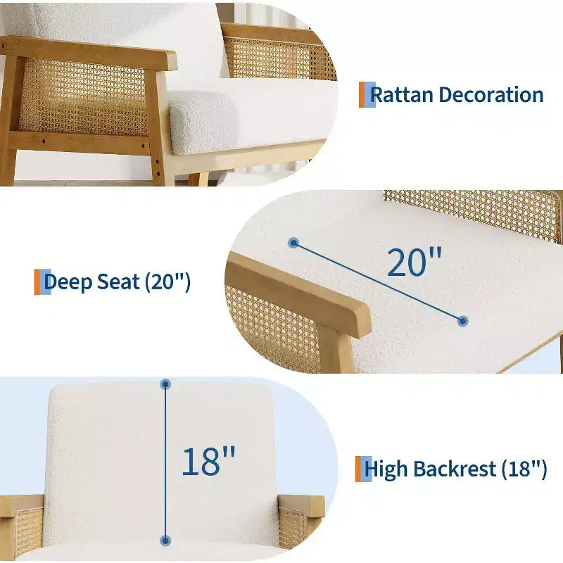 Fauteuil d'appoint moderne bohème en tissu de laine d'agneau avec accoudoirs en rotin, robuste et confortable, fauteuil de salon rembourré à dossier haut pour le salon