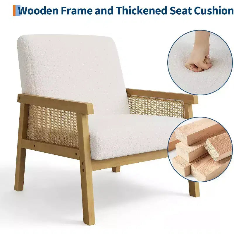 Fauteuil d'appoint moderne bohème en tissu de laine d'agneau avec accoudoirs en rotin, robuste et confortable, fauteuil de salon rembourré à dossier haut pour le salon