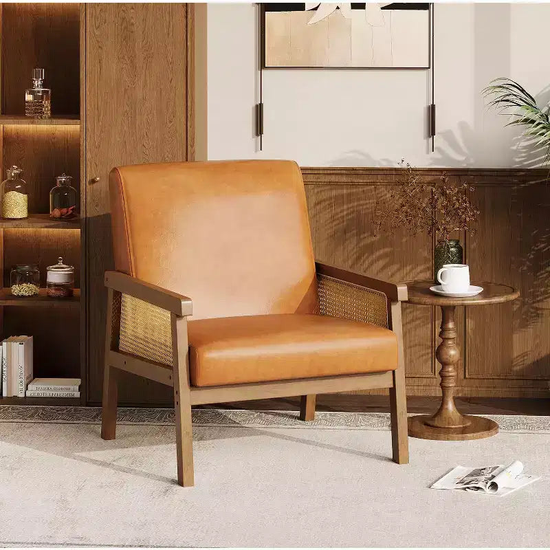 Fauteuil d'appoint moderne bohème en tissu de laine d'agneau avec accoudoirs en rotin, robuste et confortable, fauteuil de salon rembourré à dossier haut pour le salon
