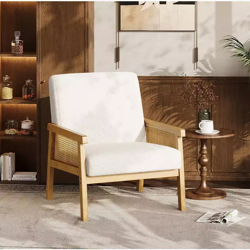 Modern Bohemian Lambswool Fabric Accent Chair with Rattan Arms, Sturdy & Comfortable, High-Back Upholstered Lounge Chair for Living Room