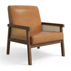 Fauteuil d'appoint moderne bohème en tissu de laine d'agneau avec accoudoirs en rotin, robuste et confortable, fauteuil de salon rembourré à dossier haut pour le salon