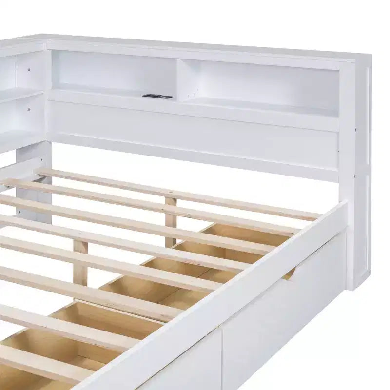 Lit de repos double en bois avec 2 tiroirs, étagère de rangement et ports de chargement USB, Blanc