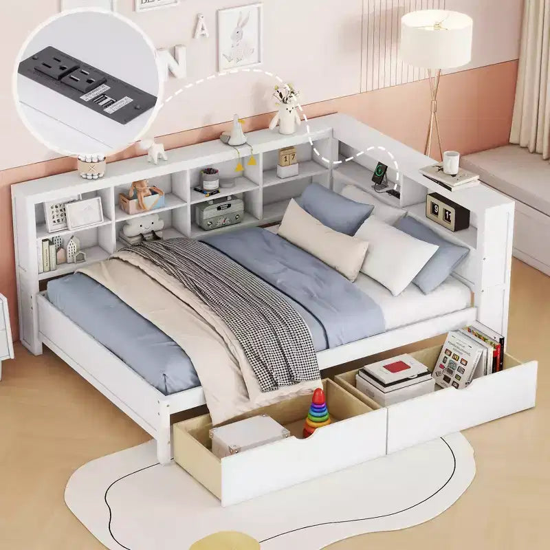 Wooden Full Daybed with 2 Drawers, Storage Shelf and USB Charging Ports, White