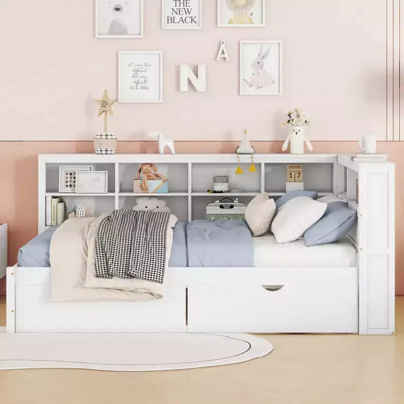 Lit de repos double en bois avec 2 tiroirs, étagère de rangement et ports de chargement USB, Blanc