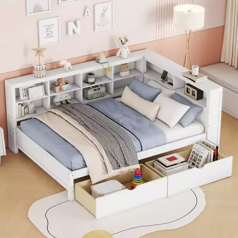 Lit de repos double en bois avec 2 tiroirs, étagère de rangement et ports de chargement USB, Blanc