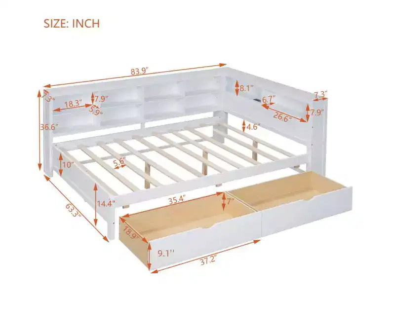 Lit de repos double en bois avec 2 tiroirs, étagère de rangement et ports de chargement USB, Blanc
