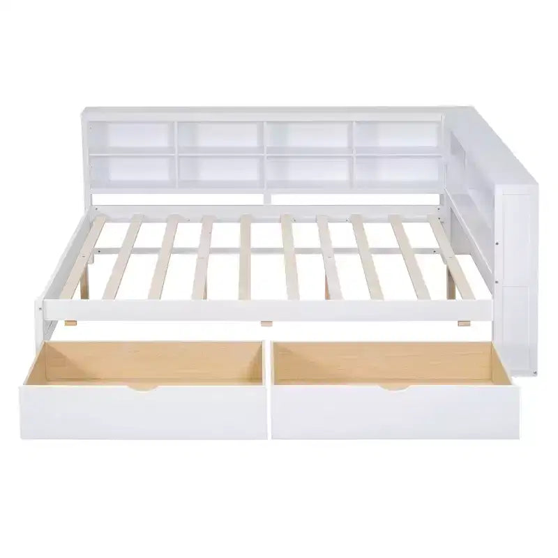 Lit de repos double en bois avec 2 tiroirs, étagère de rangement et ports de chargement USB, Blanc