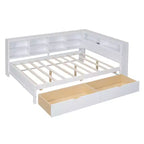 Lit de repos double en bois avec 2 tiroirs, étagère de rangement et ports de chargement USB, Blanc