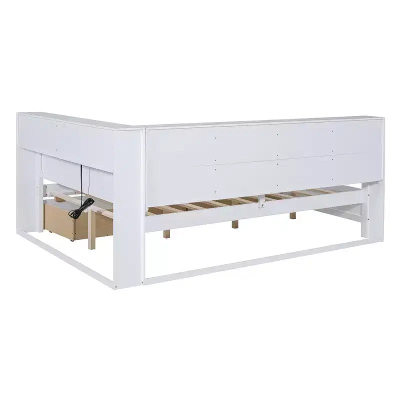 Lit de repos double en bois avec 2 tiroirs, étagère de rangement et ports de chargement USB, Blanc