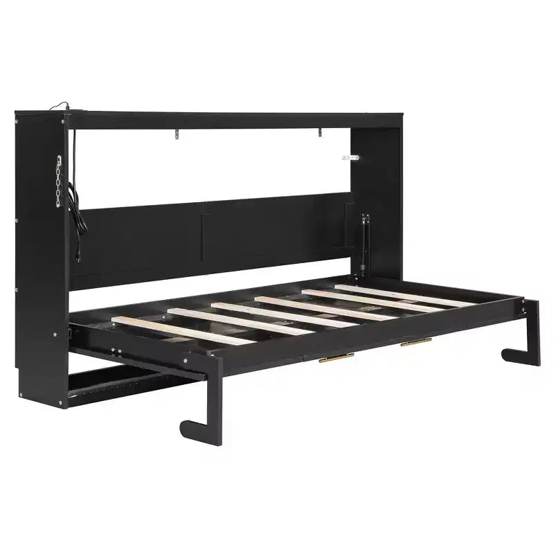 Lit escamotable double FAMYYT avec pliage latéral, éclairage LED sous le lit, prise USB intégrée, montage facile, noir