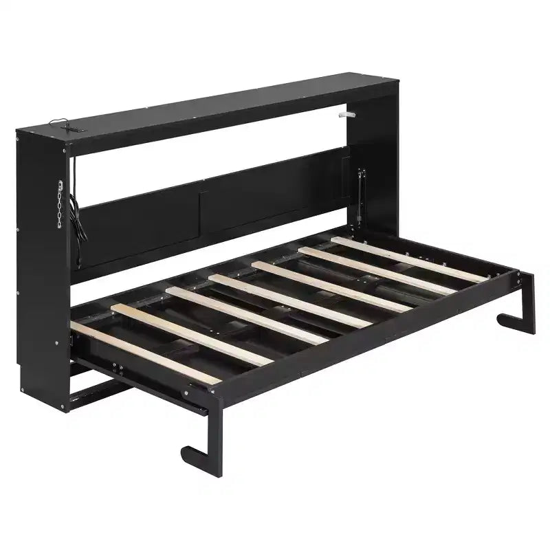 Lit escamotable double FAMYYT avec pliage latéral, éclairage LED sous le lit, prise USB intégrée, montage facile, noir
