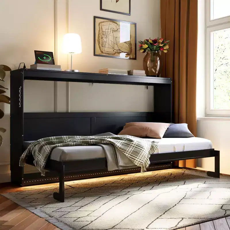 Lit escamotable double FAMYYT avec pliage latéral, éclairage LED sous le lit, prise USB intégrée, montage facile, noir