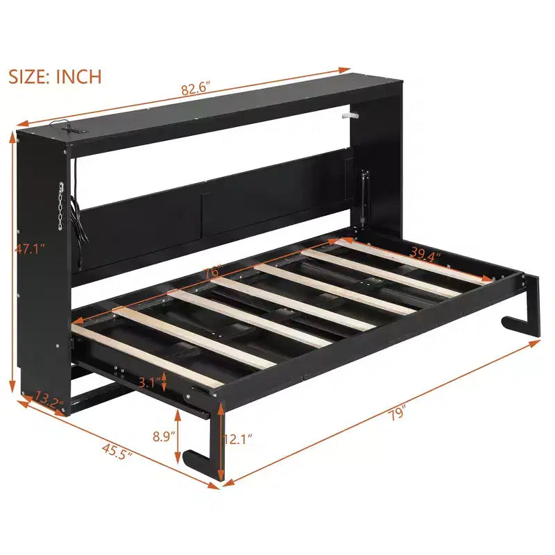 Lit escamotable double FAMYYT avec pliage latéral, éclairage LED sous le lit, prise USB intégrée, montage facile, noir