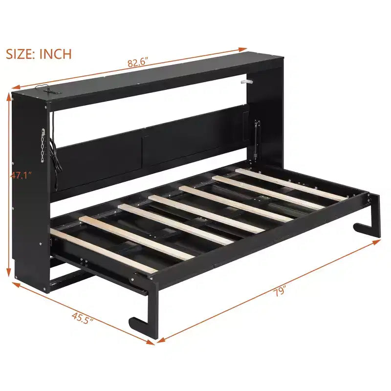 Lit escamotable double FAMYYT avec pliage latéral, éclairage LED sous le lit, prise USB intégrée, montage facile, noir