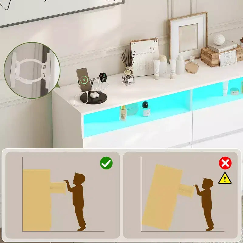 Commode 6 tiroirs Dyonery avec LED pour chambre, organisateur de rangement en bois de 120 cm avec station de charge, commodes avec étagères ouvertes, chiffonnier