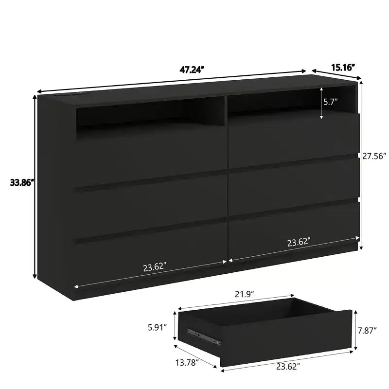 Commode 6 tiroirs Dyonery avec LED pour chambre, organisateur de rangement en bois de 120 cm avec station de charge, commodes avec étagères ouvertes, chiffonnier