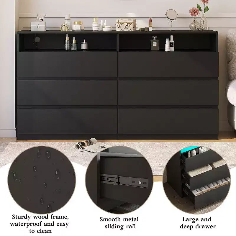 Commode 6 tiroirs Dyonery avec LED pour chambre, organisateur de rangement en bois de 120 cm avec station de charge, commodes avec étagères ouvertes, chiffonnier