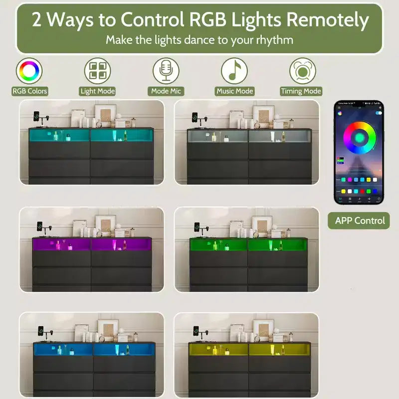 Commode 6 tiroirs Dyonery avec LED pour chambre, organisateur de rangement en bois de 120 cm avec station de charge, commodes avec étagères ouvertes, chiffonnier