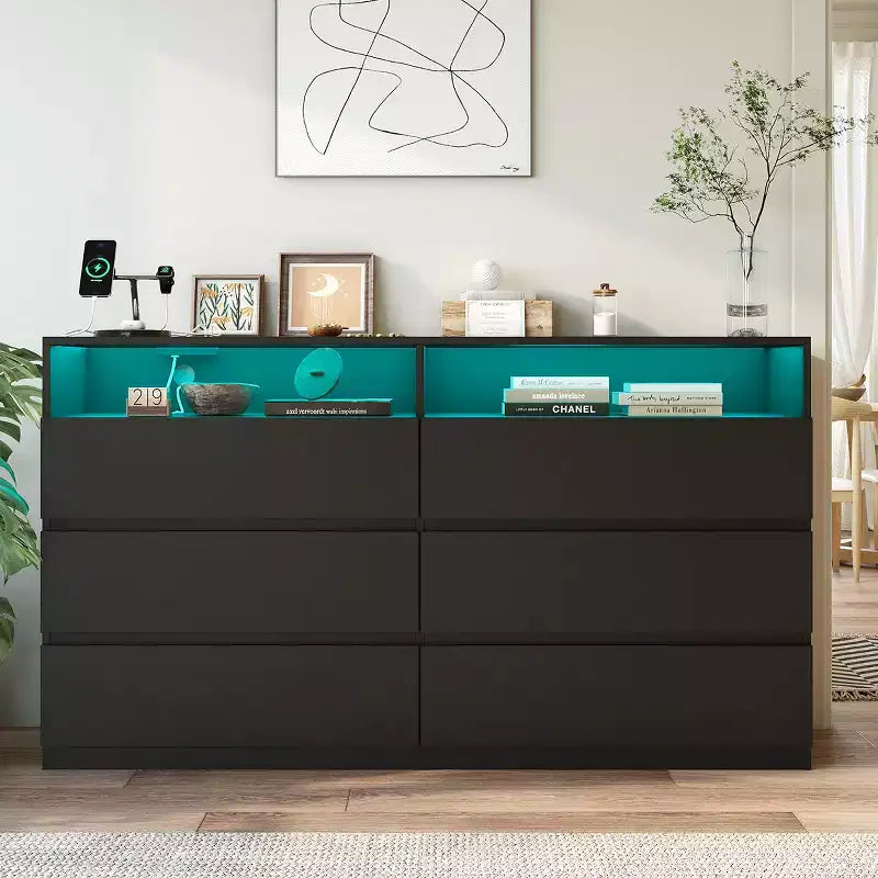 Dyonery 6 Drawer Led Dresser for Bedroom, 47 Wood Dresser Storage Organizer with Charging Station Dressers with Open Shelves,Chest of Drawers