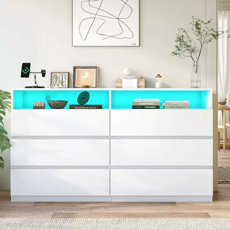 Commode 6 tiroirs Dyonery avec LED pour chambre, organisateur de rangement en bois de 120 cm avec station de charge, commodes avec étagères ouvertes, chiffonnier