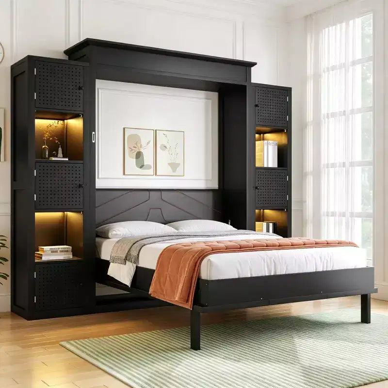 Luxystar Modern Queen Murphy Bed with 10 Storage Shelves and Upholstered Headboard, Black
