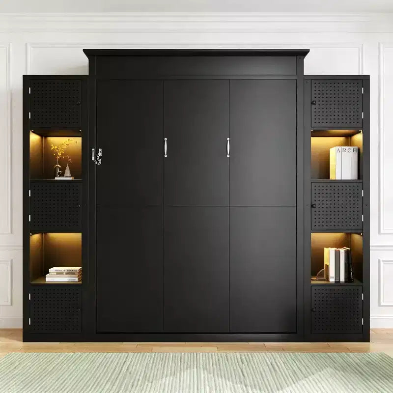 Lit escamotable moderne Luxystar Queen avec 10 étagères de rangement et tête de lit rembourrée, noir