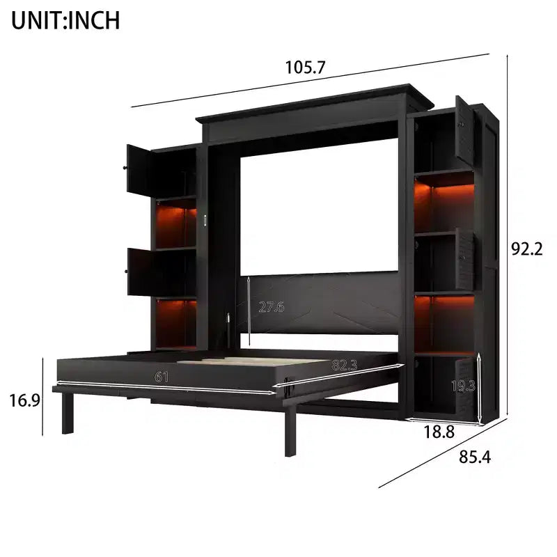 Lit escamotable moderne Luxystar Queen avec 10 étagères de rangement et tête de lit rembourrée, noir