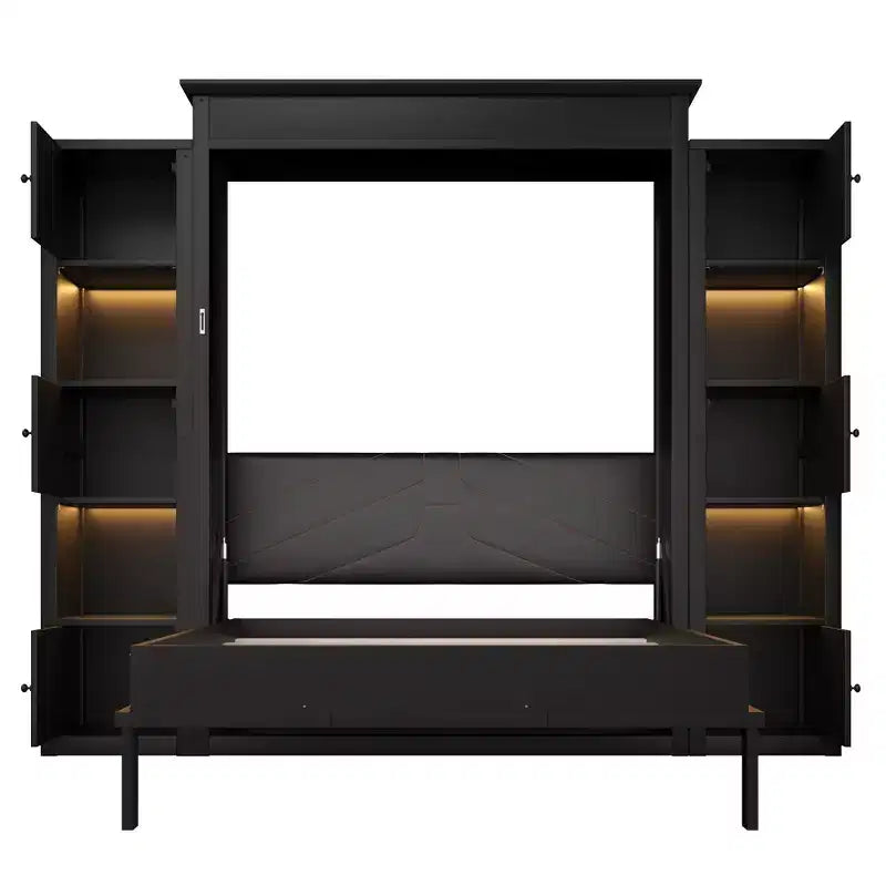 Lit escamotable moderne Luxystar Queen avec 10 étagères de rangement et tête de lit rembourrée, noir