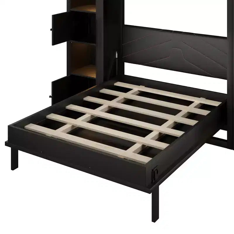 Lit escamotable moderne Luxystar Queen avec 10 étagères de rangement et tête de lit rembourrée, noir