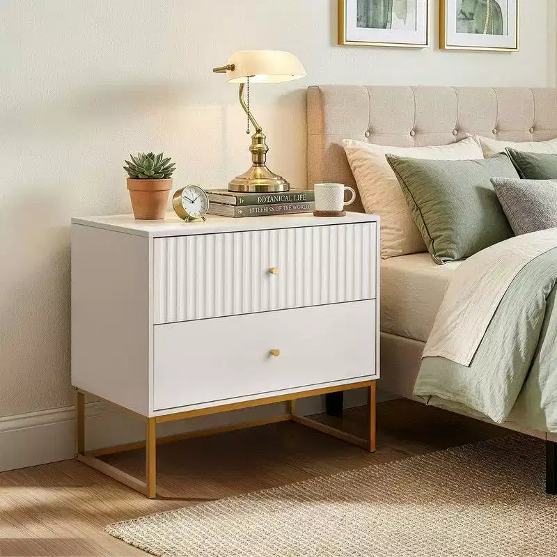 Karl Home White P2 MDF Nightstand Grid Flat 2 Drawers 27.6 Inch